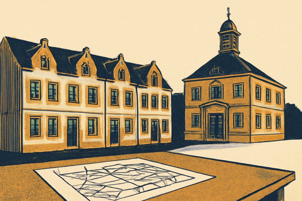 Two-colour architectural illustration of townhouses, a town hall, and a cadastral map