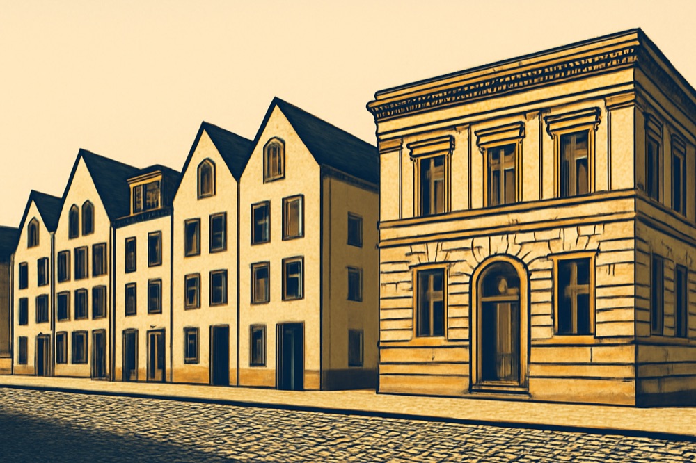 Linienillustration von Stadthäusern mit einer Bankfassade, zwei Farben