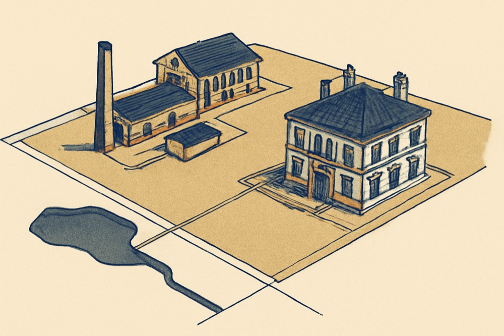Architectural two-colour aerial view of a parcel next to an old industrial site with watercourse and parcel boundary lines.