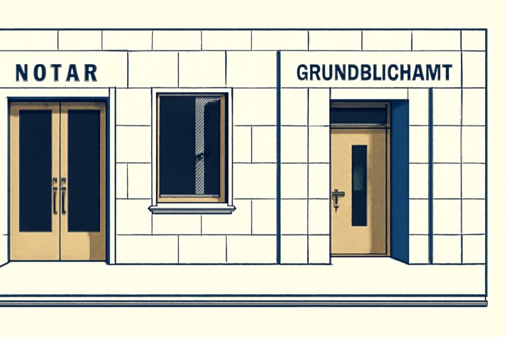 Eingangsfronten eines deutschen Notariats und eines Grundbuchamts