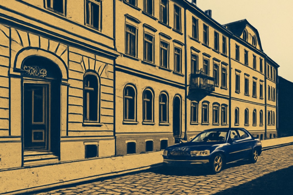 Zweifarbige Illustration einer Häuserzeile mit einem Notariat an einer Kopfsteinpflasterstraße