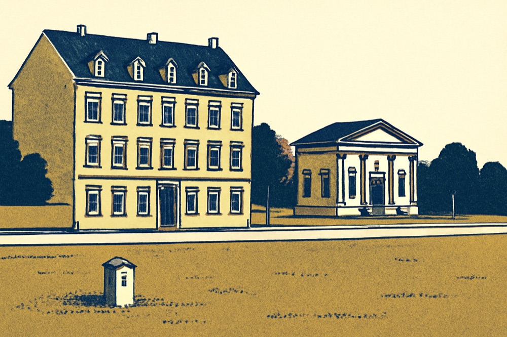 Two‑colour illustration of German townhouses and a small court building with a cadastral marker in the foreground