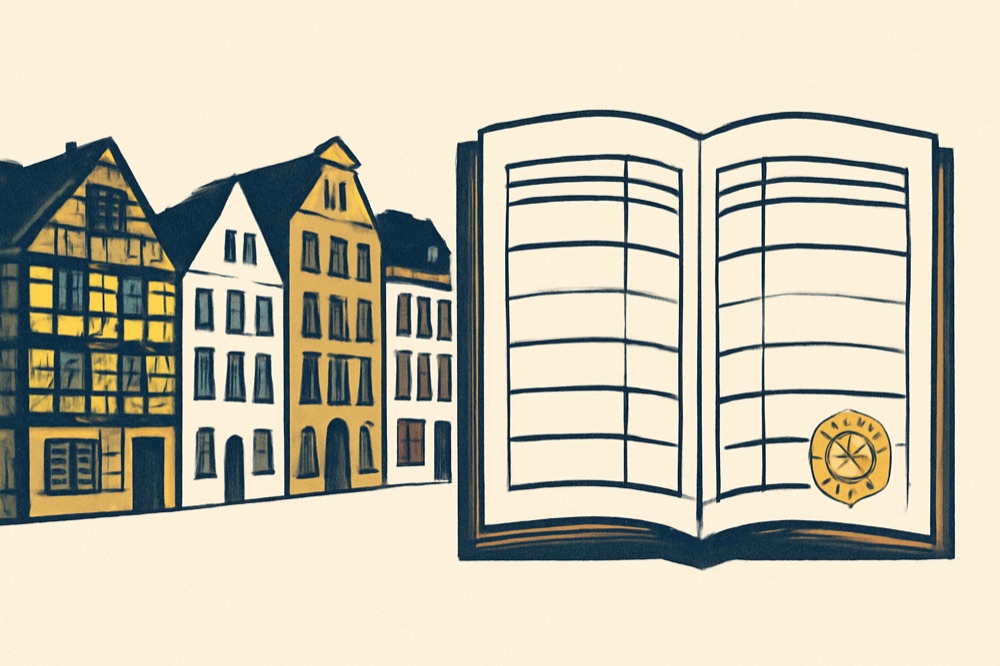 Two‑colour architectural illustration of German townhouses with a close‑up of an open Grundbuch page and a notary seal.