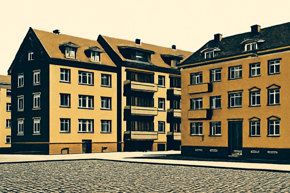 Graphic two‑colour illustration of mid‑rise German apartment buildings on a cobbled street