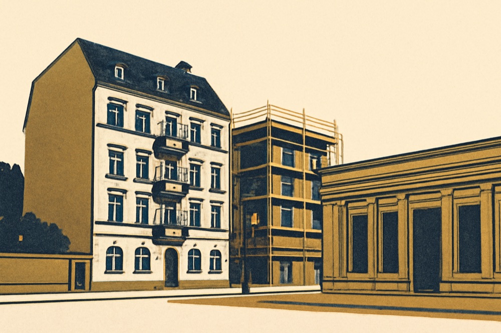 Zweifarbige Architekturillustration einer deutschen Wohnstraße mit Altbau, Neubau mit Gerüst und einer Bankfassade