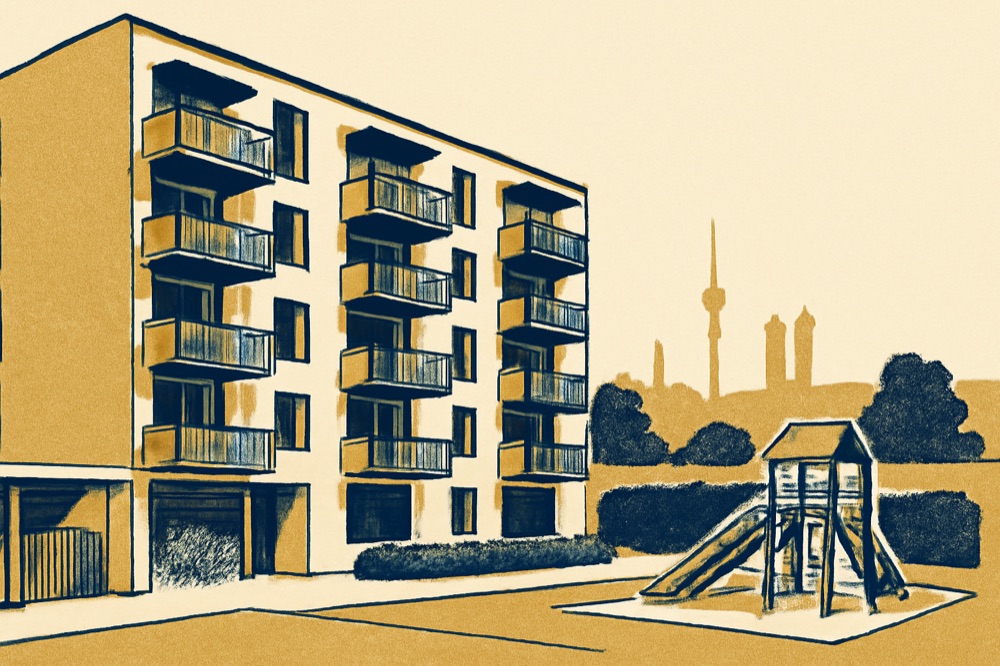Modular apartment block with bike parking and small playground, Munich setting.