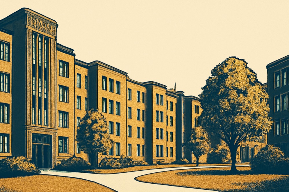 Two‑colour architectural illustration of 1930s apartment blocks around a park courtyard in Berlin‑Tempelhof