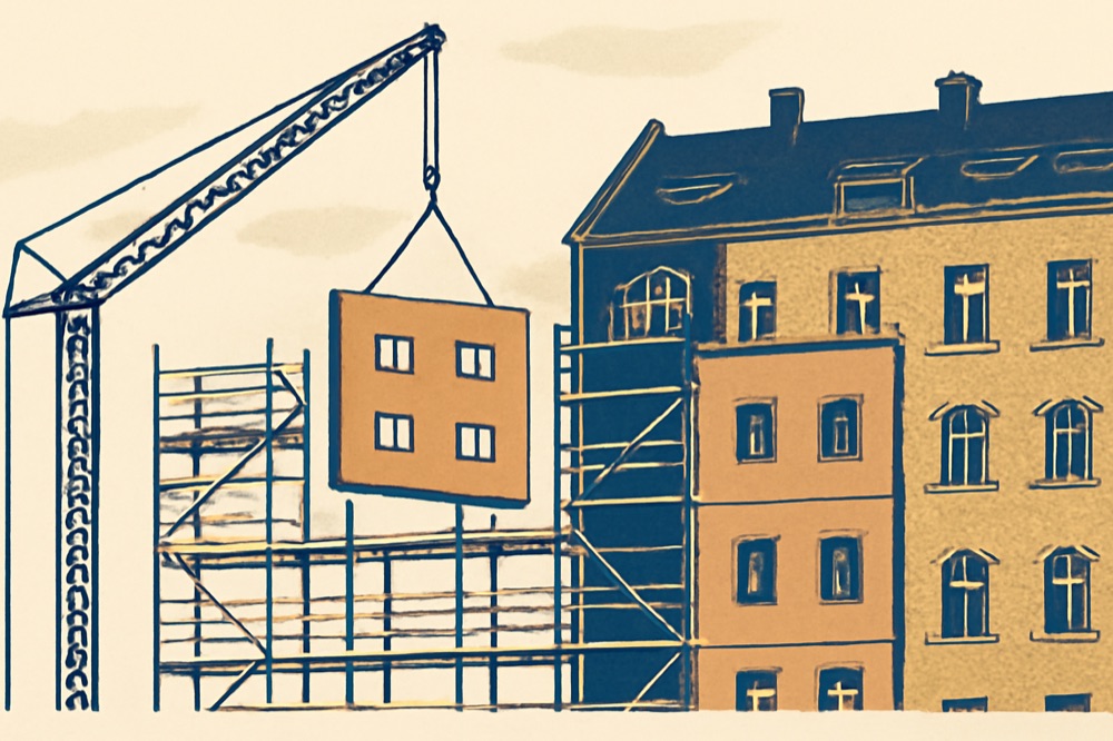 Vorgefertigte, gedämmte Fassadenelemente an einem Altbau‑Mehrfamilienhaus