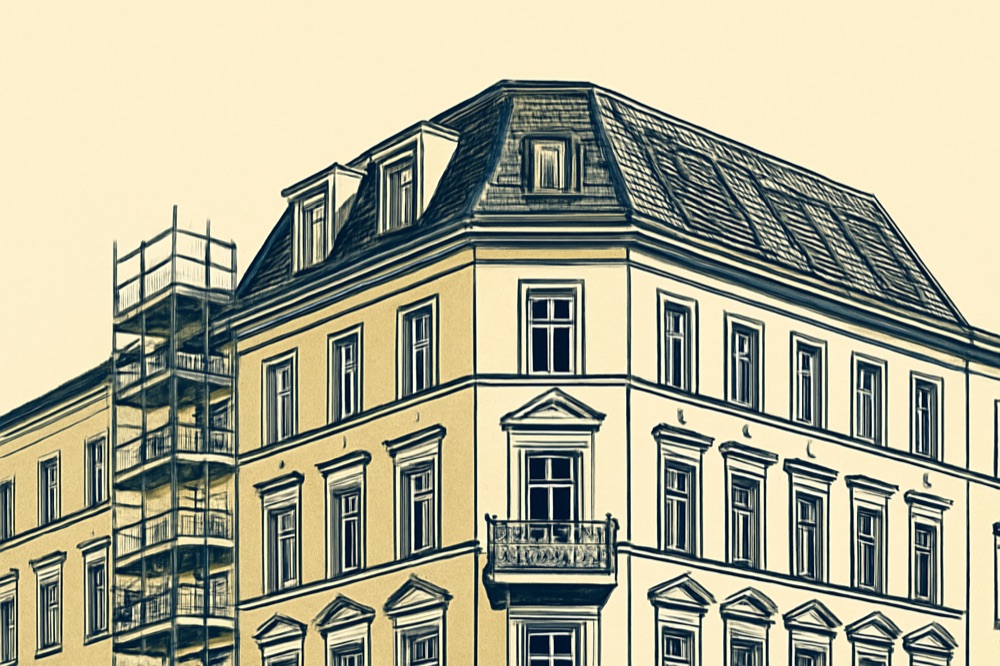 Berlin Altbau roofline with dormers and scaffolding