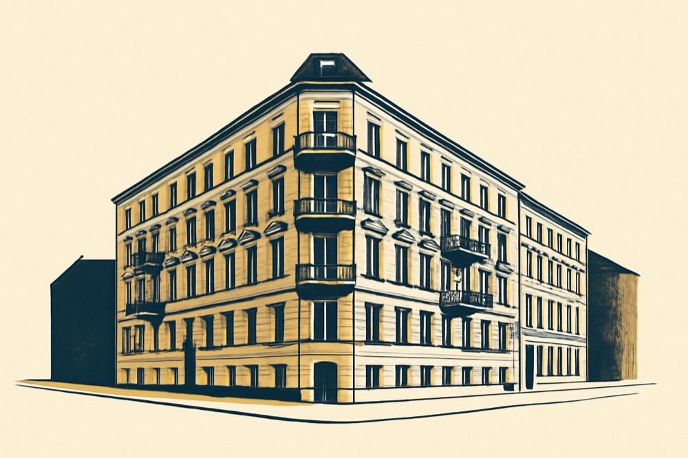 Berlin Altbau corner apartment building, two-colour illustration