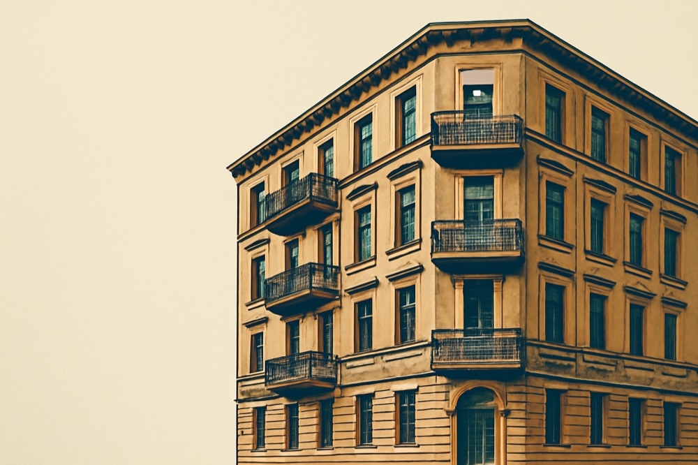 Berliner Eckhaus‑Fassade, zweifarbige Illustration