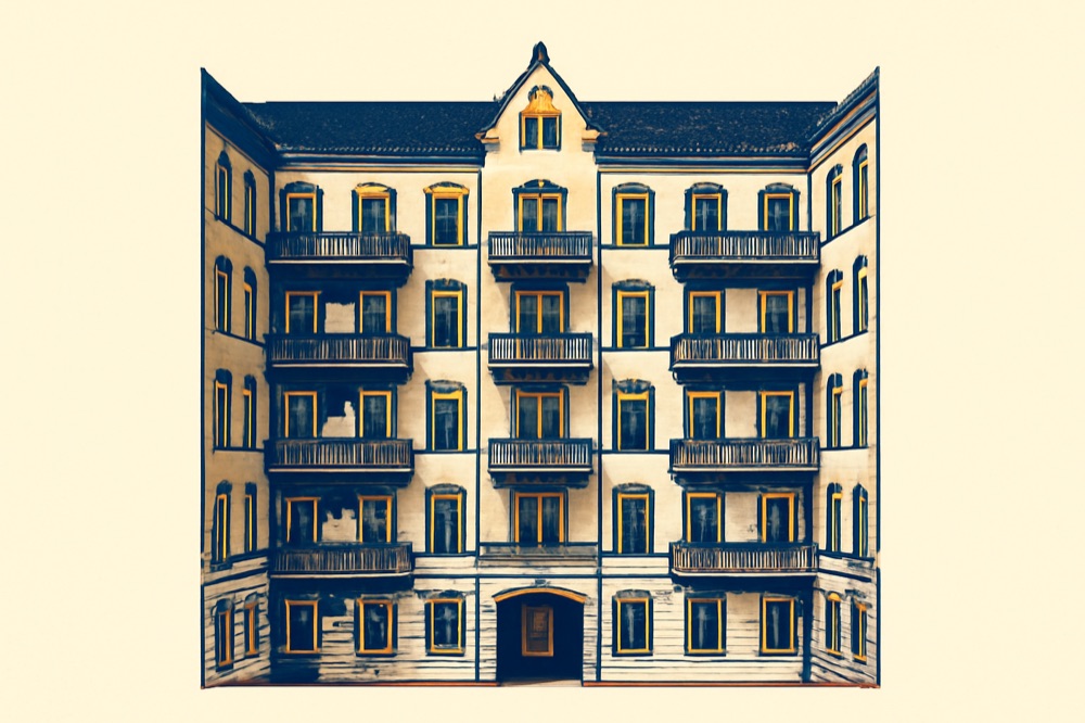 Illustration of a six-storey Gründerzeit apartment block with balconies and a small courtyard