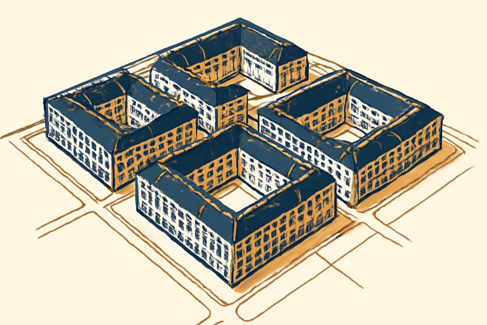 Parcel boundaries and building footprints of a German city block