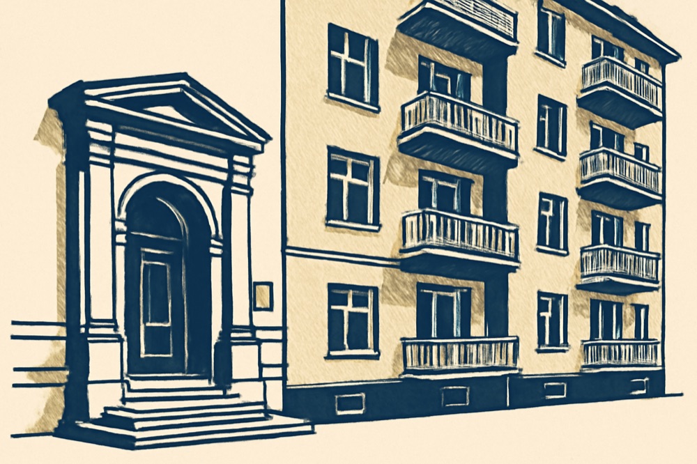 Zweifarbige Architekturillustration eines deutschen Wohnblocks mit Bankeingang im Vordergrund.