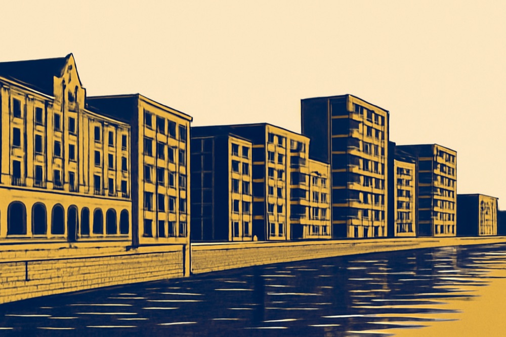 Brick warehouses and new apartments on Bremen’s Überseestadt waterfront