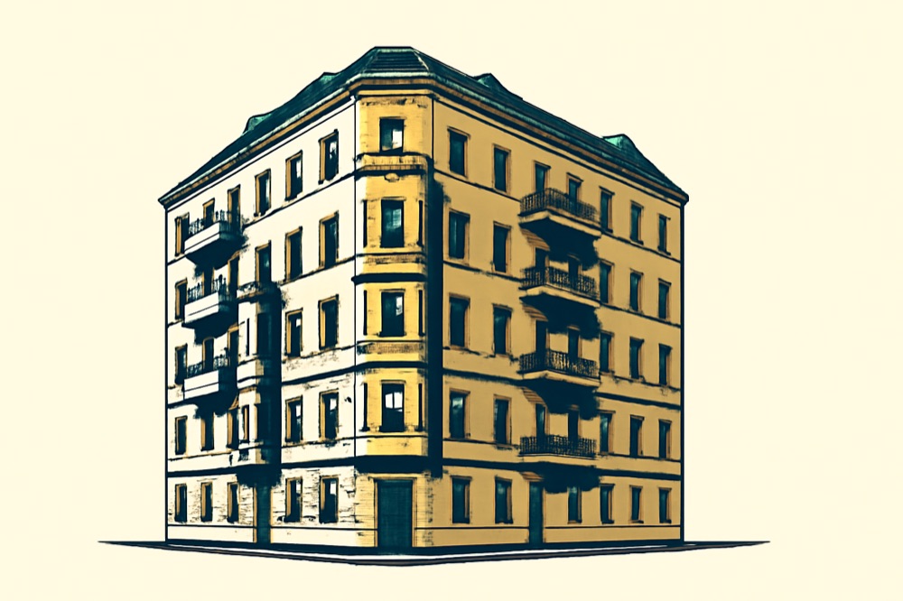 Line illustration of a five‑storey Berlin Altbau corner building in two colours