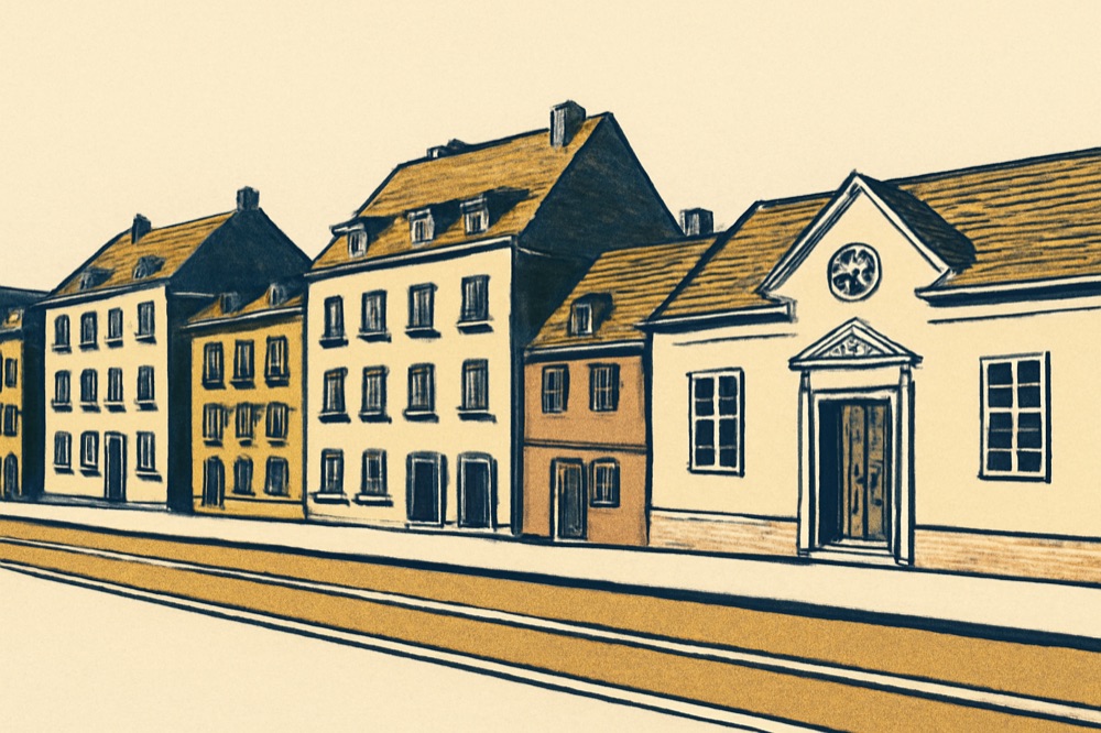 Two-colour line illustration of a German urban street with apartment buildings, a notary office and tram tracks.