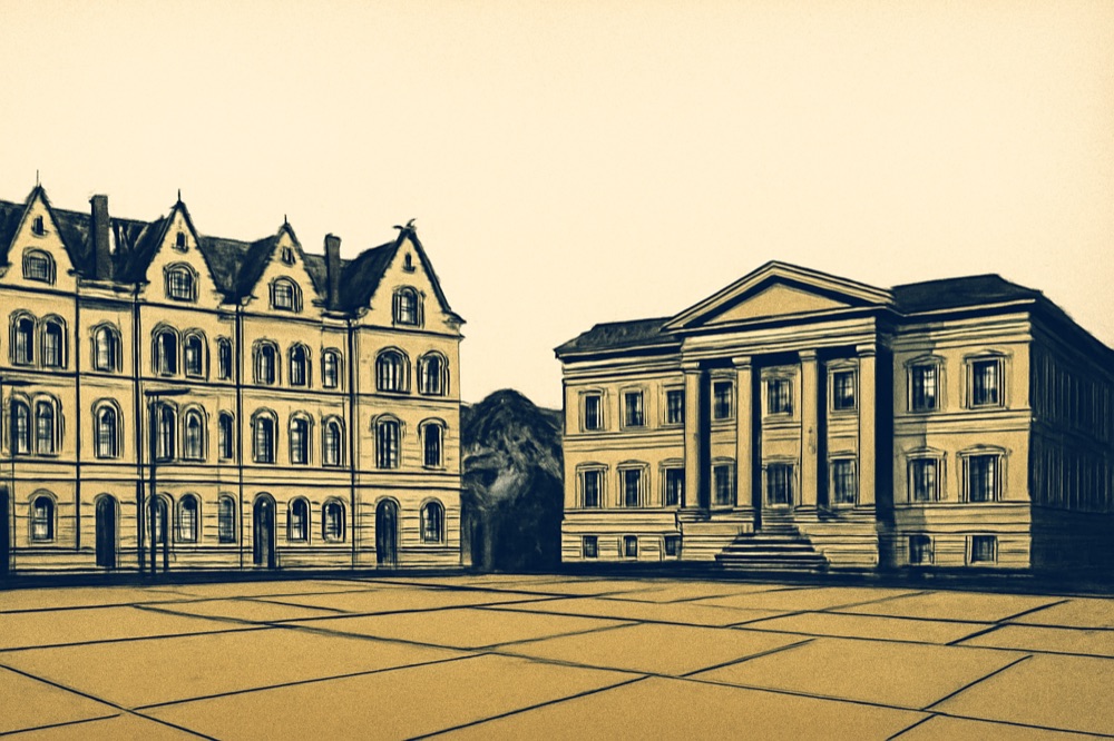 Zweifarbige architektonische Illustration von Stadthäusern und einem Grundbuchamt mit Flurstücksgrenzen