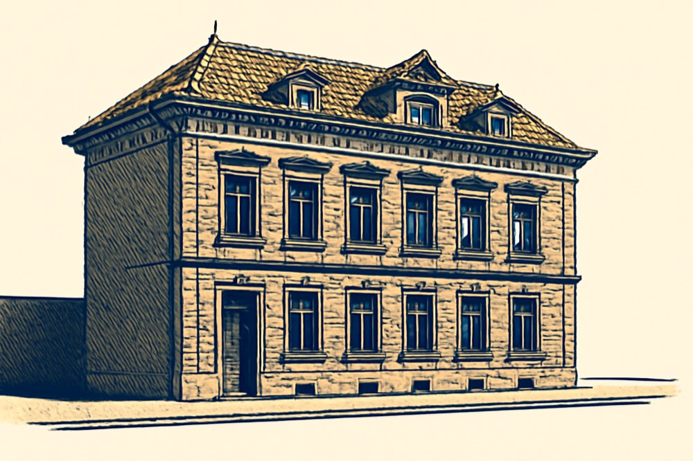 Historische steinsichtige Stadthausfassade mit verzierten Gesims und Ziegeldach (zwei­farbige Illustration)