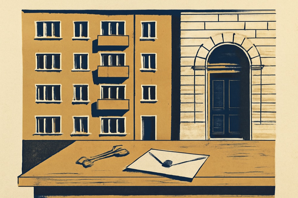 Mehrgeschossiges Wohnhaus neben dem steinernen Eingang eines Notarbüros; im Vordergrund ein Schreibtisch mit Schlüssel und versiegeltem Umschlag.