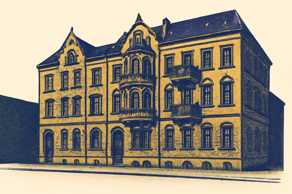 Drei nebeneinanderstehende deutsche Stadthäuser mit Erkern und Balkonen, zweifarbige architektonische Illustration