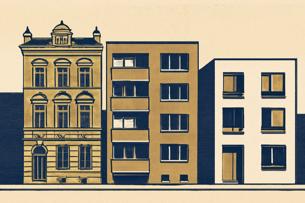 Zweifarbige Architekturillustration einer Stra e4e mit drei deutschen Wohngeb e4uden: ein Altbau, ein 70er-Jahre-Block und ein moderner Neubau.