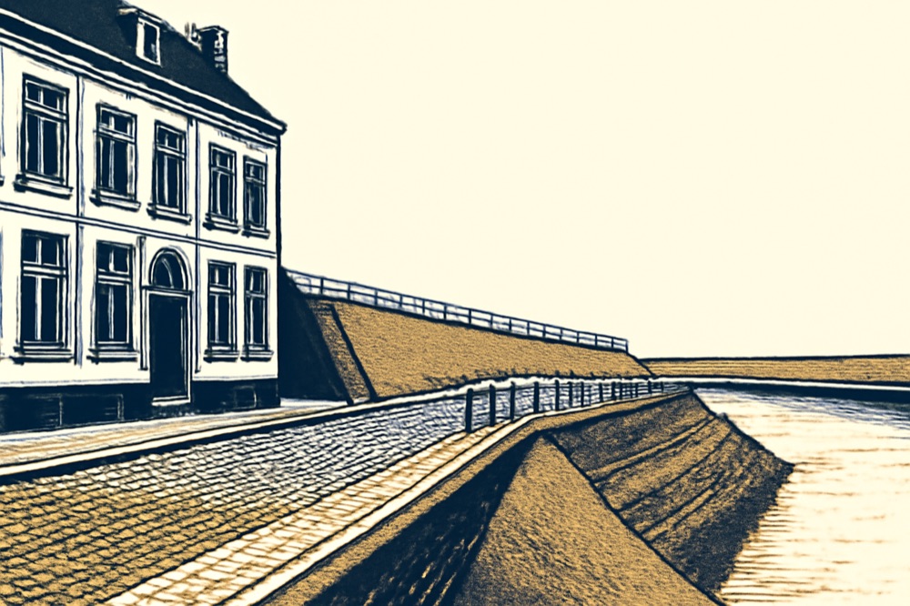 Architectural line drawing of a riverside townhouse, street, retaining wall and sloped embankment — two‑colour illustration.