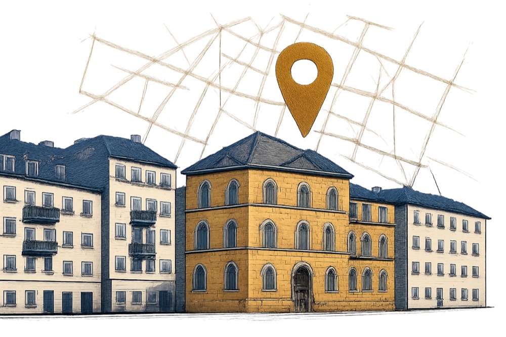 Row of mid‑rise apartment buildings with map overlay and location pin