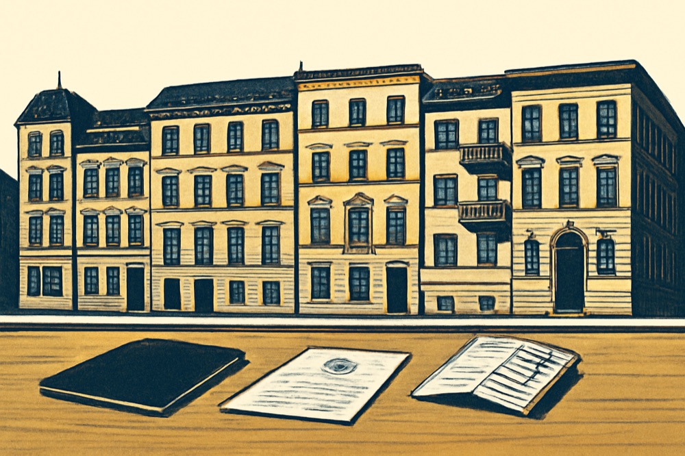 Zweifarbige Architekturillustration: Mehrfamilienhäuser und ein Notarordner mit gestempeltem Schriftstück auf einem Schreibtisch