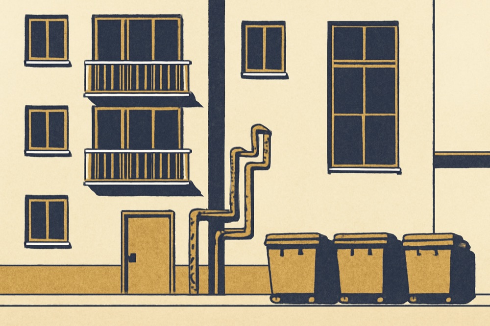 Architectural two‑colour drawing of an apartment building with boiler room door, elevator shaft access panel and waste containers