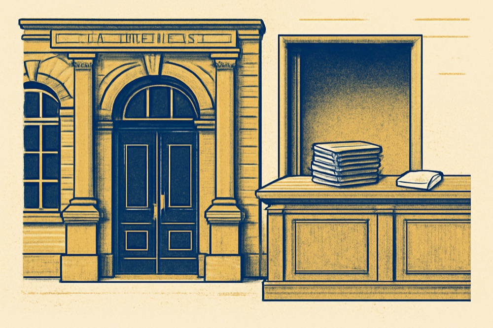 Architectural two‑colour illustration of an Amtsgericht façade and land‑registry files on a wooden counter.