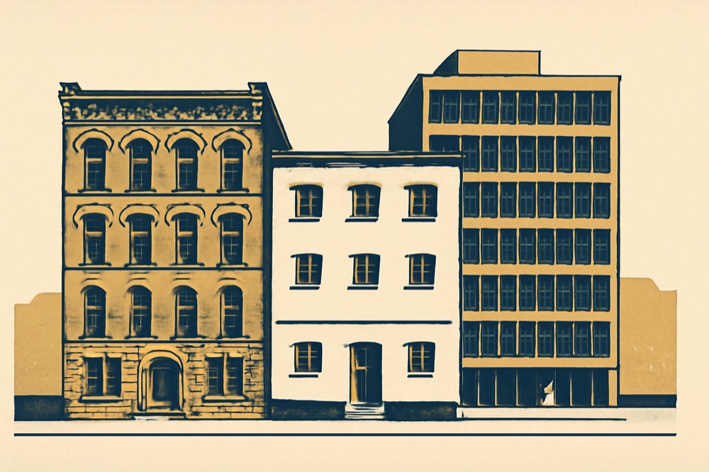 Two‑colour architectural illustration of three adjacent urban buildings (historic red‑brick, mid‑century stucco, modern glass municipal office).