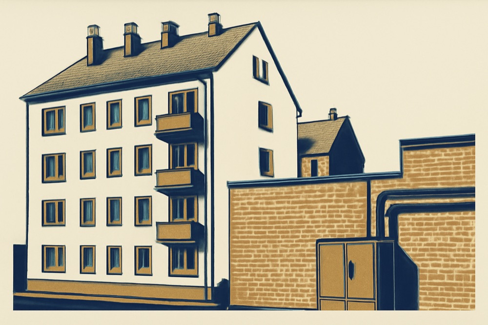 Berliner Mietshaus mit Dachschornsteinen und einem Fernwärme‑Hausanschlusskasten
