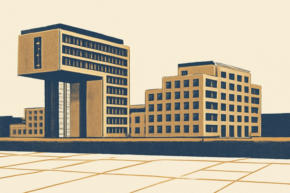 Rhine-front city blocks with parcel grid, evoking Cologne and Düsseldorf