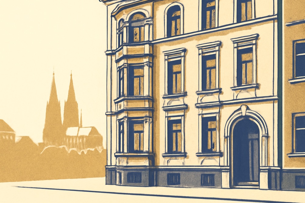 Cologne apartment facade with the cathedral silhouette in the distance.