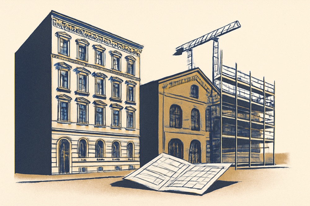 Two‑colour line drawing of a Berlin tenement and an adjacent red‑brick former factory with scaffolding and a site plan in front.