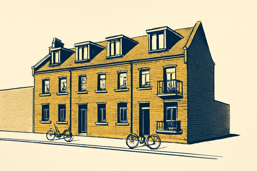 Rotes Backsteingebäude, ehemals Industrie, mit neuem Dachausbau und Balkonen, Straßenansicht