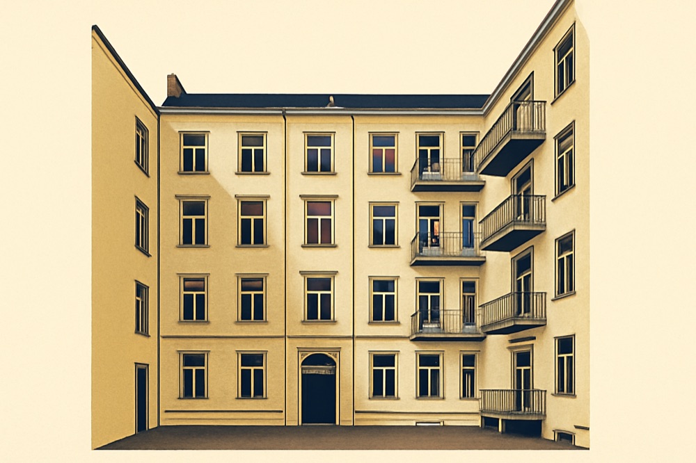 Berlin pre‑war apartment courtyard with balconies and stairwell