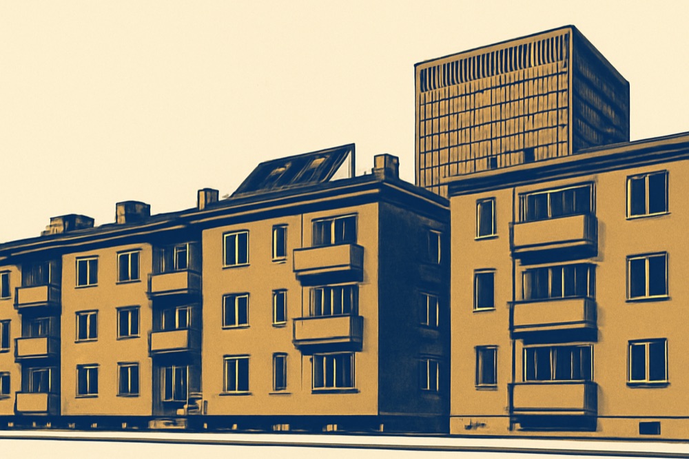 Architectural line illustration of German apartment blocks with rooftop solar panels and a modern glass building behind, two‑colour.