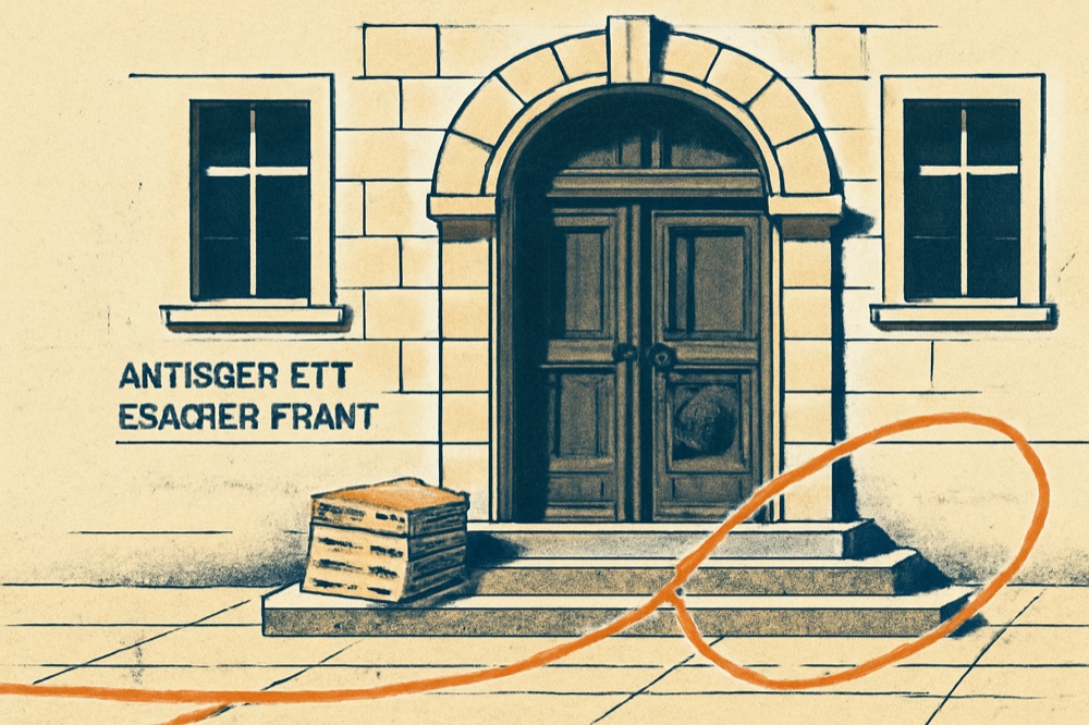 Illustration der Fassade eines deutschen Grundbuchamts mit Archivmappen und einer Glasfaserleitung, zweifarbig.