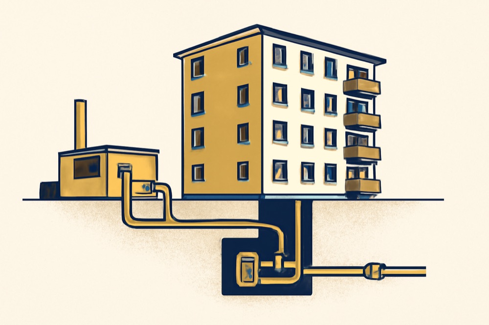 Two‑colour illustration of an apartment block connected to a district‑heating plant with visible pipes and basement transfer station.