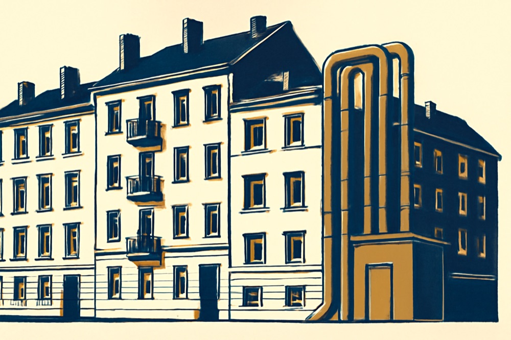 Two‑colour illustration of apartment facades with district‑heating pipes and a utility block