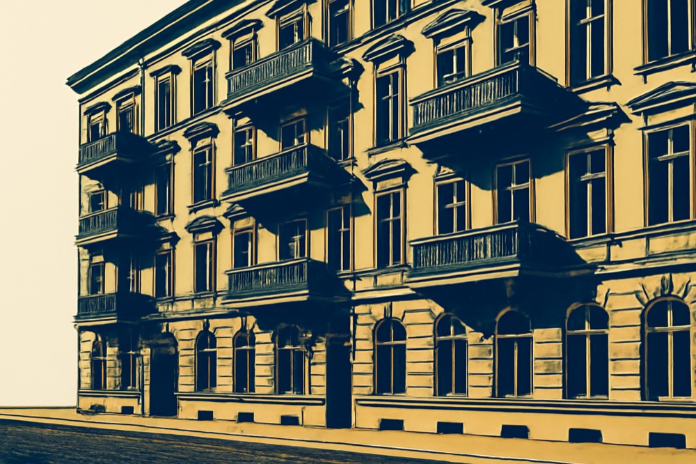 Two-colour illustration of a Berlin Altbau apartment facade with balconies and cobbled street.