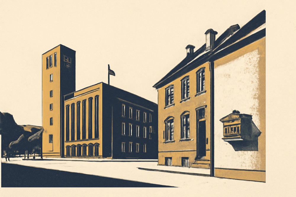 Dortmund city hall and brick townhouses with a German mailbox