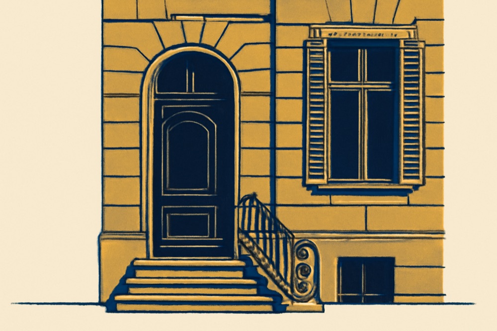 Zweifarbige Architekturillustration einer Berliner Stadthausfassade mit Steintreppe und hoher Fensteröffnung