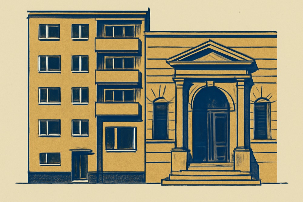 Zweifarbiges Illustration einer deutschen Wohnhausfassade und eines Bankeingangs