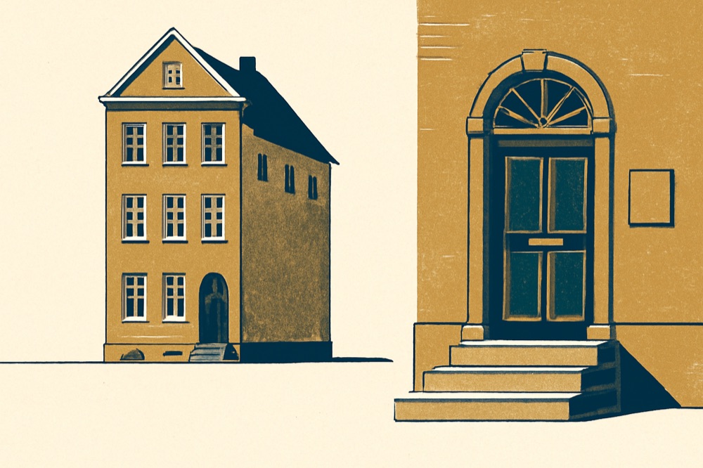 Zweifarbige Linienzeichnung eines deutschen Stadthauses neben der Fassade eines Notarbüros