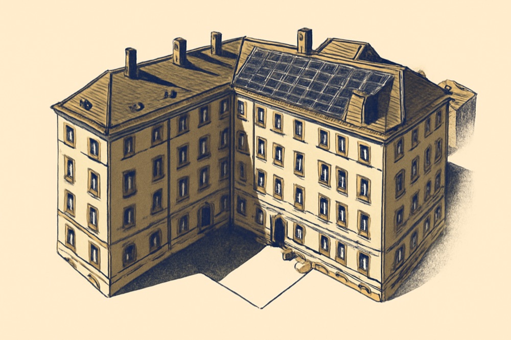 Rooftop PV on a Berlin Mietshaus block with courtyard and metering cabinet