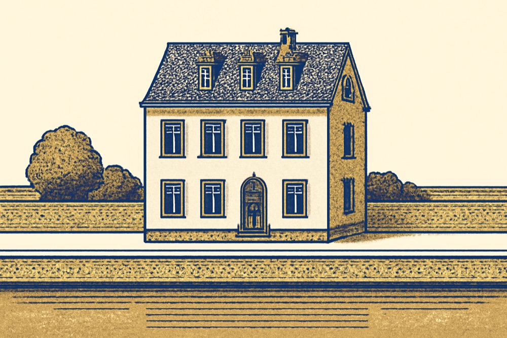 Zweifarbige Linienillustration eines deutschen Reihenhauses am Fluss mit Hochwasserdamm und Straße