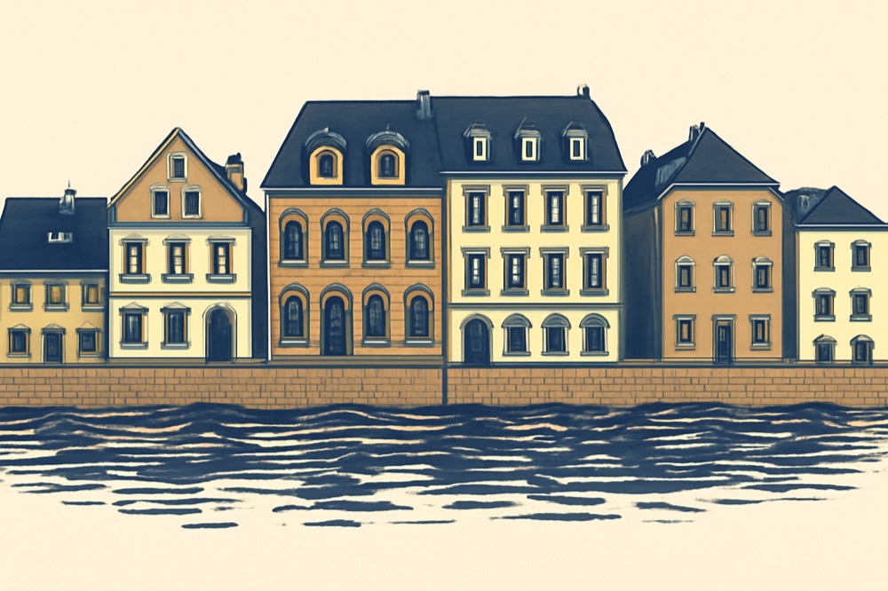 Two‑colour illustration of German riverside townhouses with floodwater at ground‑floor windows